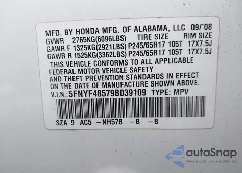 2009 Honda Pilot Ex-L from USA, damaged, VIN 5FNYF48579B039109